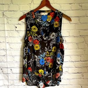 Pink Rose Multicolor Floral Sleeveless Pullover Front Knotted Blouse Size M